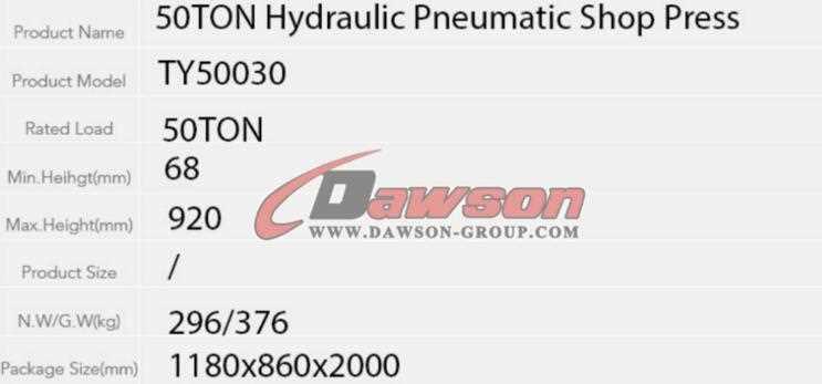 Place of Origin: China (Mainland) Brand Name: Dawson Model Number: TY50030 Warranty: 12 Months Color: Red Product name: Dawson 50ton Hydraulic Shop Press Capacity: 50 Ton Keyword: Hydraulic Shop Press