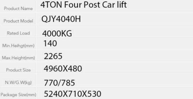 Design: Four Post Type: Four Cylinder Hydraulic Lift Certification: CE Lifting Capacity: 4000kg Lifting Height(mm): 340mm Overall Width(mm): 1750mm Place of Origin: China (Mainland) Brand Name: Dawson Model Number: DSCL Warranty: 12 Months Color: Blue Product name: Car Lift Packing size: 1830*780*300mm N.W: 770kg