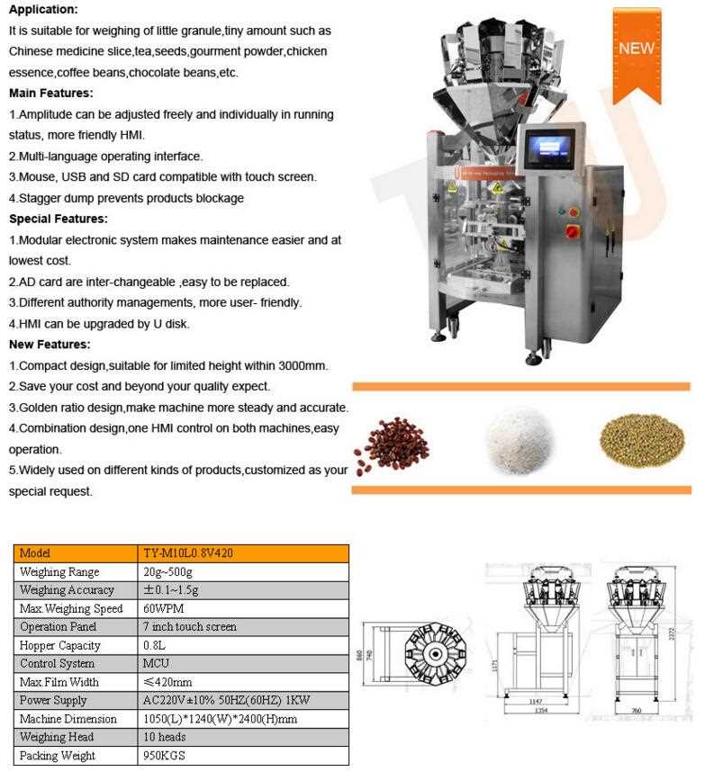 Type: Multi-Function Packaging Machine, Multihead weigher with Packing Machine Condition: New Function: Filling Application: Food, Machinery & Hardware, Medical Packaging Type: Case Packaging Material: Wood Automatic Grade: Automatic Driven Type: Electric Voltage: 220V Power: 1KW Place of Origin: Guangdong, China (Mainland) Brand Name: TO-U Model Number: TY-W10L0.8V420 Dimension(L*W*H): 1050(L)*1240(W)*2400(H) mm Certification: CE After-sales Service Provided: Engineers available to service machinery overseas Product: 10 head automatic weighing packing machinery hopper quantity: 10 heads Hopper capacity: 0.8L Power supply: 220V Weighing accuracy: 0.1-1.5g Max.weighing speed: 60bpm Control system: MCU& PLC weighing range: 20-500g