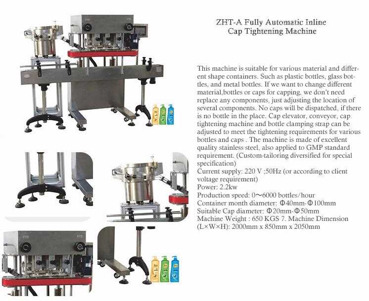 Type: Capping Machine Condition: New Application: Chemical, Commodity, Food, Medical Driven Type: Electric Automatic Grade: Automatic Voltage: 220V / 380V Power: 2.2KW Packaging Type: Other Packaging Material: Glass, Metal, Plastic Place of Origin: Zhejiang, China (Mainland) Brand Name: ZHONGHUAN Model Number: ZHT-A Dimension(L*W*H): 2000*850*2050MM Weight: 650KG Certification: CE After-sales Service Provided: Engineers available to service machinery overseas Current supply: 220V POWER: 2.2kw Production speed: 0~6000 bottles/hour Container month diameter: 40mm-100mm Suitable Cap diameter: 20mm-50mm Machine Dimension: 2000mm * 850mm * 2050mm